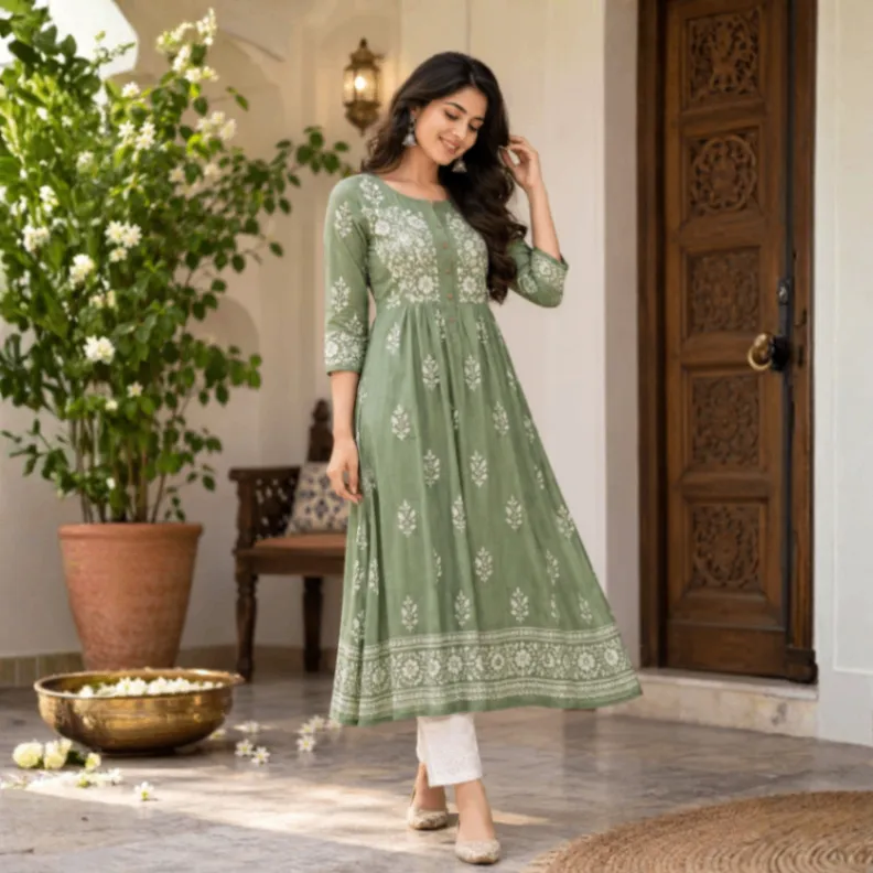Olive Bloom Printed Kurti photo 2