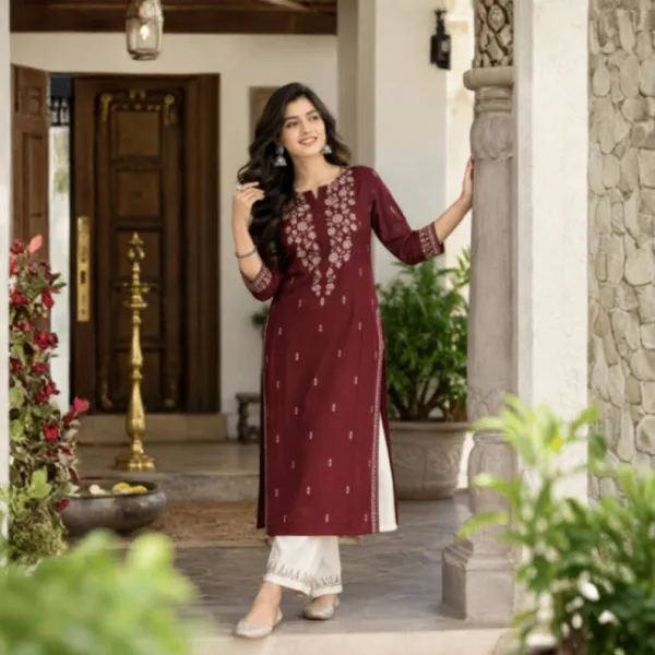 Wine Bloom Embroidered Kurti
