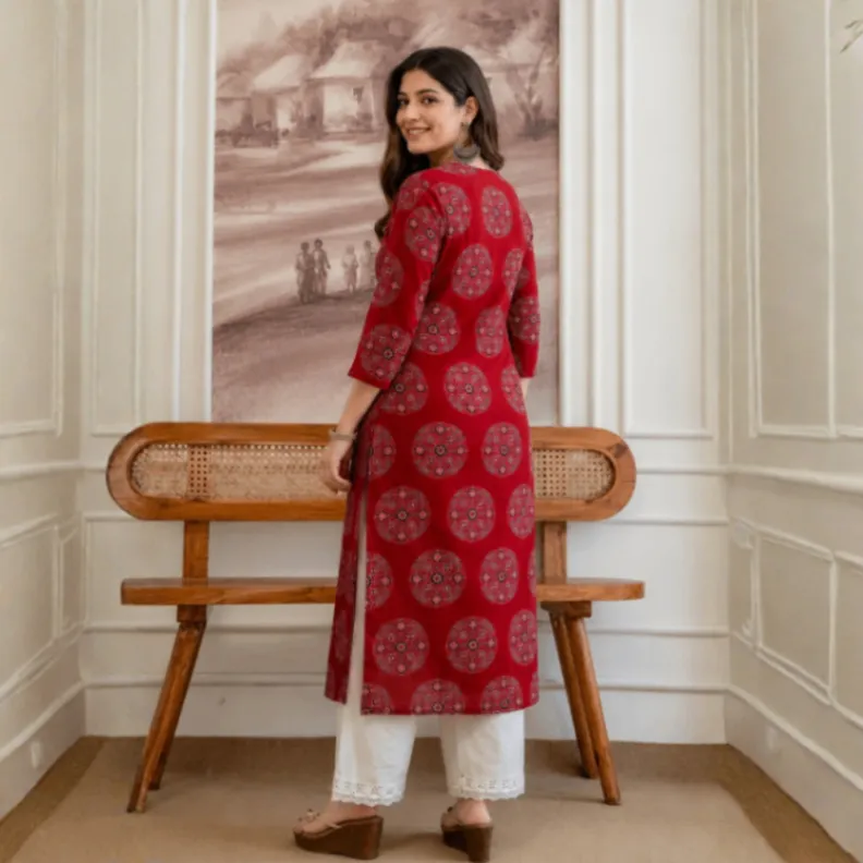 Hunaiza Printed Pure Cotton Straight Kurta for Women (Red) photo 2