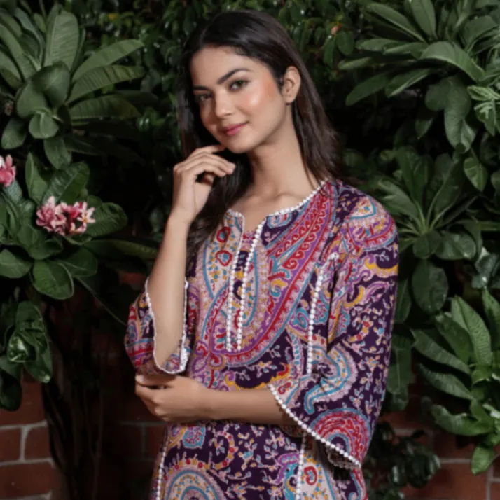 Tabeedah Self Design Cotton Blend Pakistani Kurta for Women (Purple) photo 1