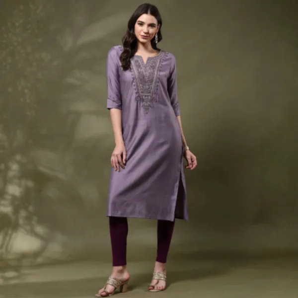 Klikniz Embroidered Viscose Rayon Straight Kurta for Women (Pink)