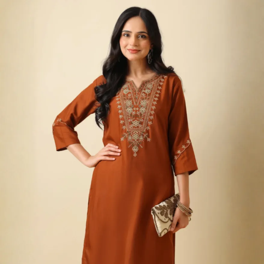 Klikniz Embroidered Viscose Rayon Straight Kurta for Women (Pink) photo 3