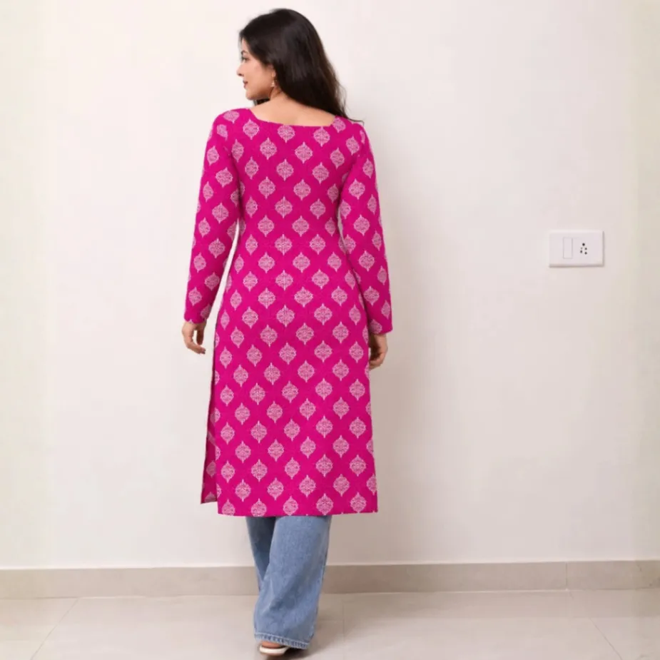 DALIVD X Printed Cotton Blend Straight Kurta for Women (Pink) photo 2