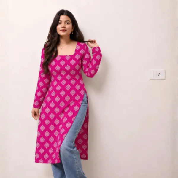 DALIVD X Printed Cotton Blend Straight Kurta for Women (Pink)